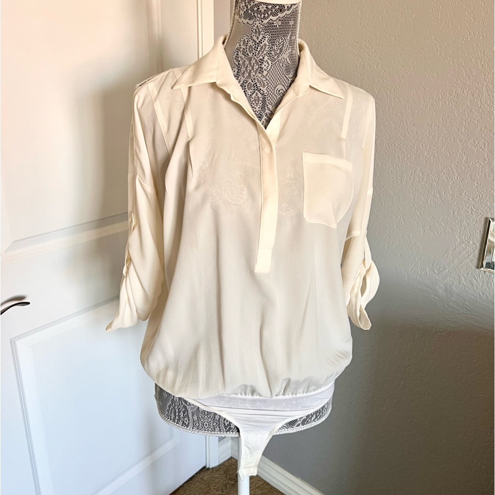 Bebe Rollup Sleeve Quarter Button Bodysuit